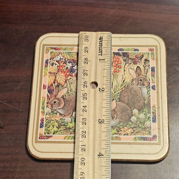 Set Of 6 Pimpernel Coasters "Country Rabbit" 4" x 4"  Bunnies in Berry Patch - Picture 6 of 6